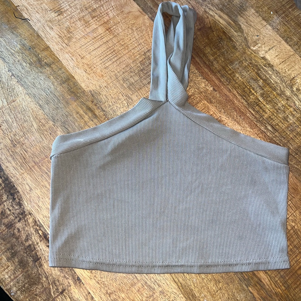 SHEIN Taupe Greyish Ribbed One Shoulder Asymmetrical Top